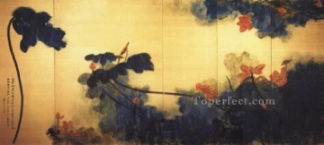 Lotos carmesí de Chang Dai Chien en pantalla dorada en chino tradicional Pinturas al óleo
